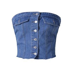 Denim Corset Top Button Front Raw Hem Smocked Back Crop Tube Tops Blue